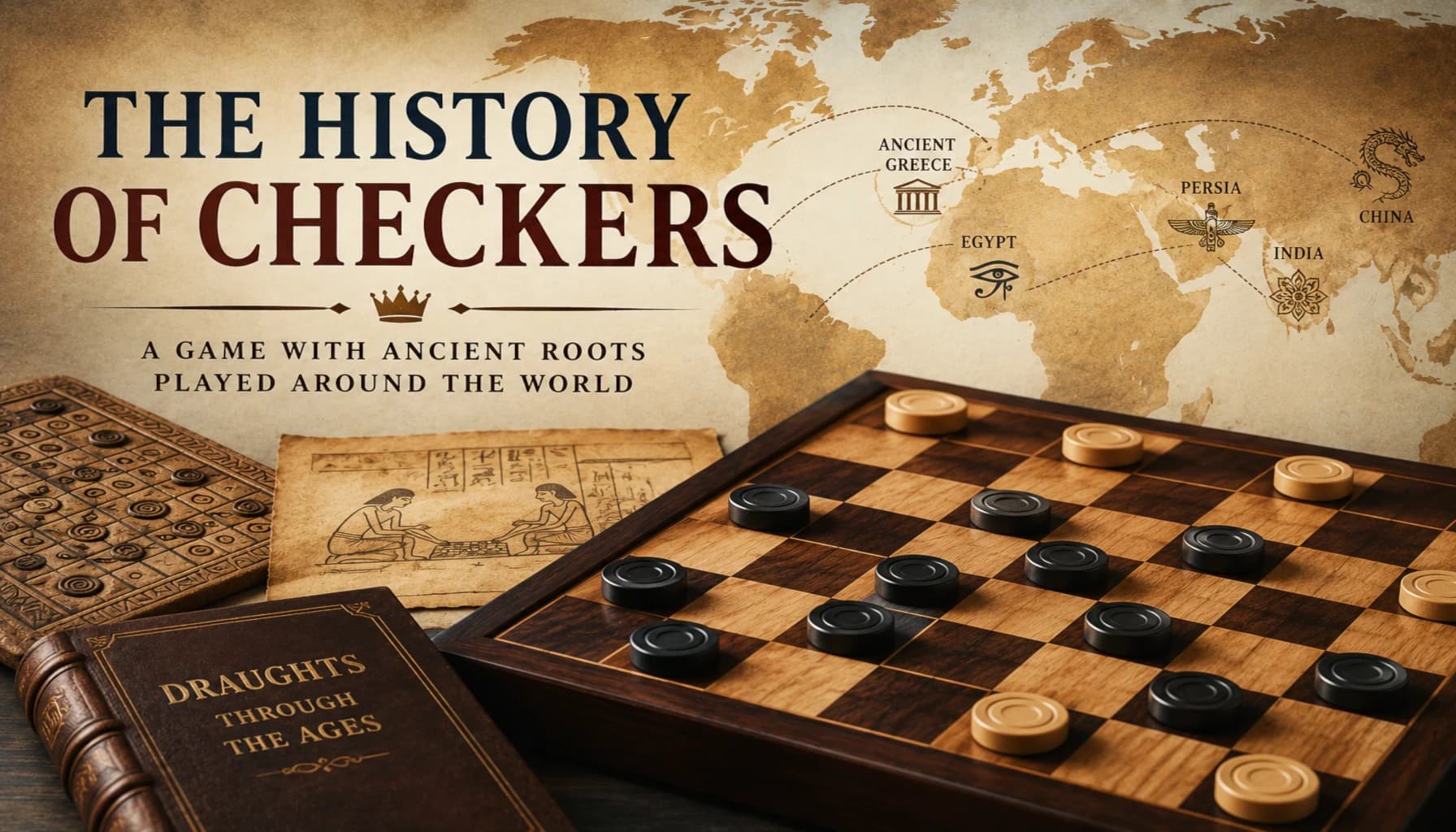 Historical collage: an old wooden checkers board with pieces, a carved stone game board, an Egyptian papyrus showing two people at a board game, a book titled Draughts Through The Ages, and a world map.