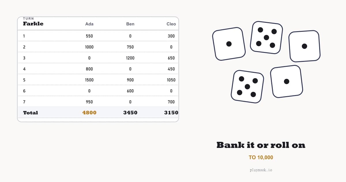A Farkle score sheet with turns listed down the side and running totals for four players, beside six dice