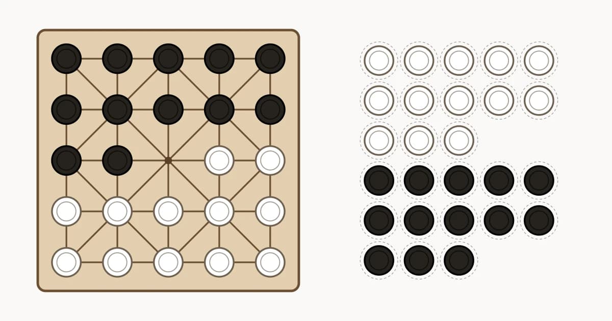 Printable Alquerque set in the carved wood style: a five by five grid of points crossed by diagonals, set up with twelve dark and twelve light men and one empty point in the middle, beside a sheet of men on dashed cutting lines