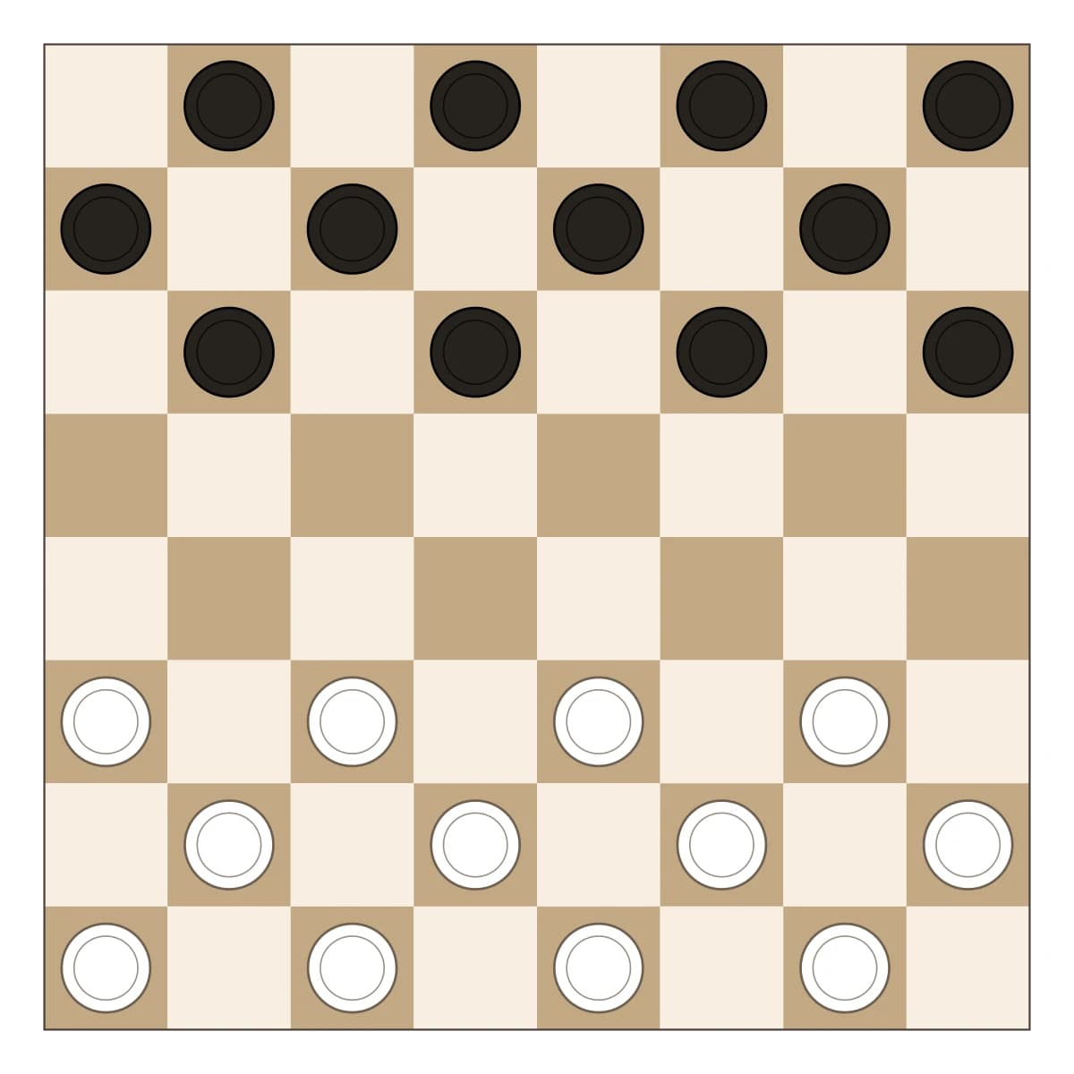 Printable checkers board with all 24 pieces set up in the starting position, in print-friendly colours