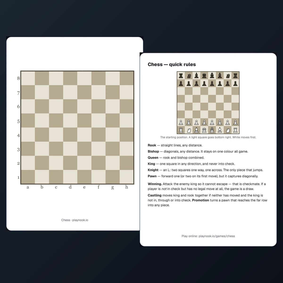 Printable chess board with coordinates and all thirty-two pieces set up in the starting position, in print-friendly colours