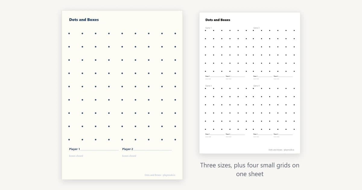 A printable dots and boxes sheet: a square grid of evenly spaced dots with two named score lines underneath