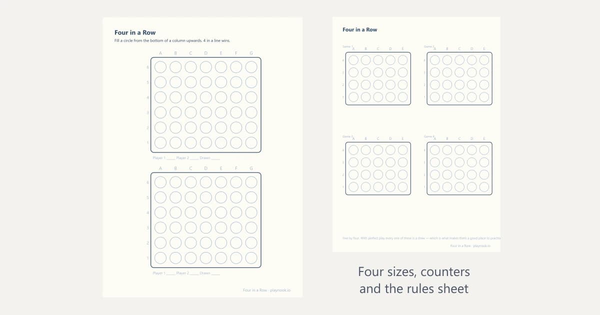 A printable four in a row board: a framed grid of open circles with lettered columns and rows numbered from the bottom