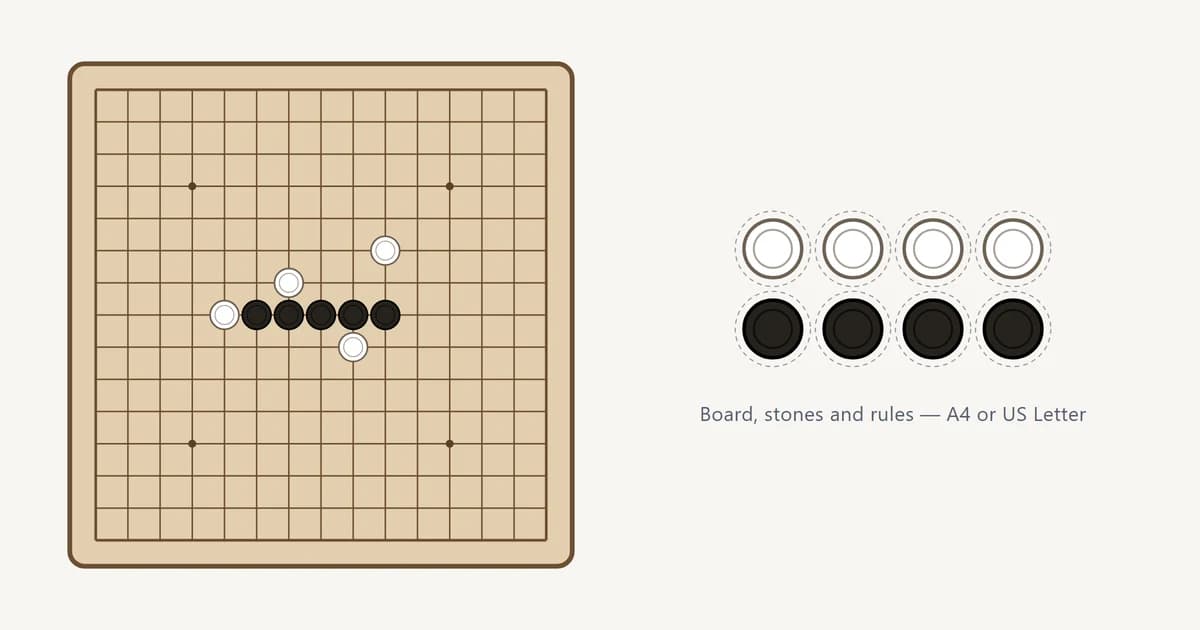 Printable Gomoku set in the carved wood style: a 15 by 15 grid with five black stones in a row and white stones around them, beside a sheet of stones on dashed cutting lines