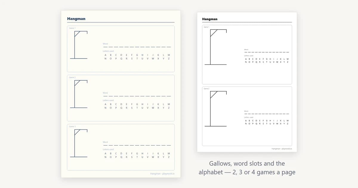 A printable hangman sheet: three game blocks, each with a drawn gallows, a row of blank letter slots and an A to Z strip