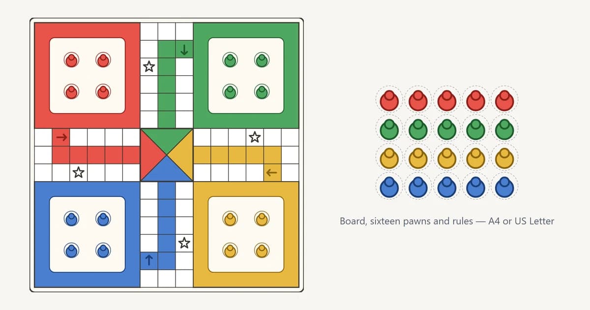 Printable Ludo set: the cross-shaped board in red, green, yellow and blue with four pawns waiting in each yard, beside a sheet of pawns on dashed cutting lines