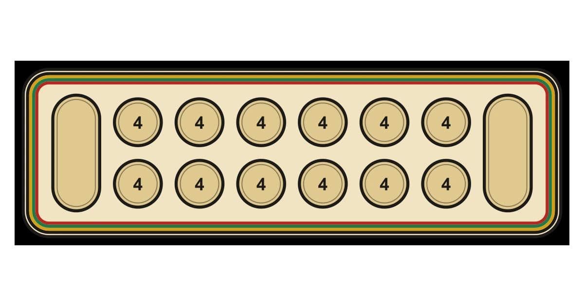 Printable mancala board for Kalah in the kente style: two rows of six pits marked with a four for the starting seed count, a store at each end, framed by gold, green and red stripes