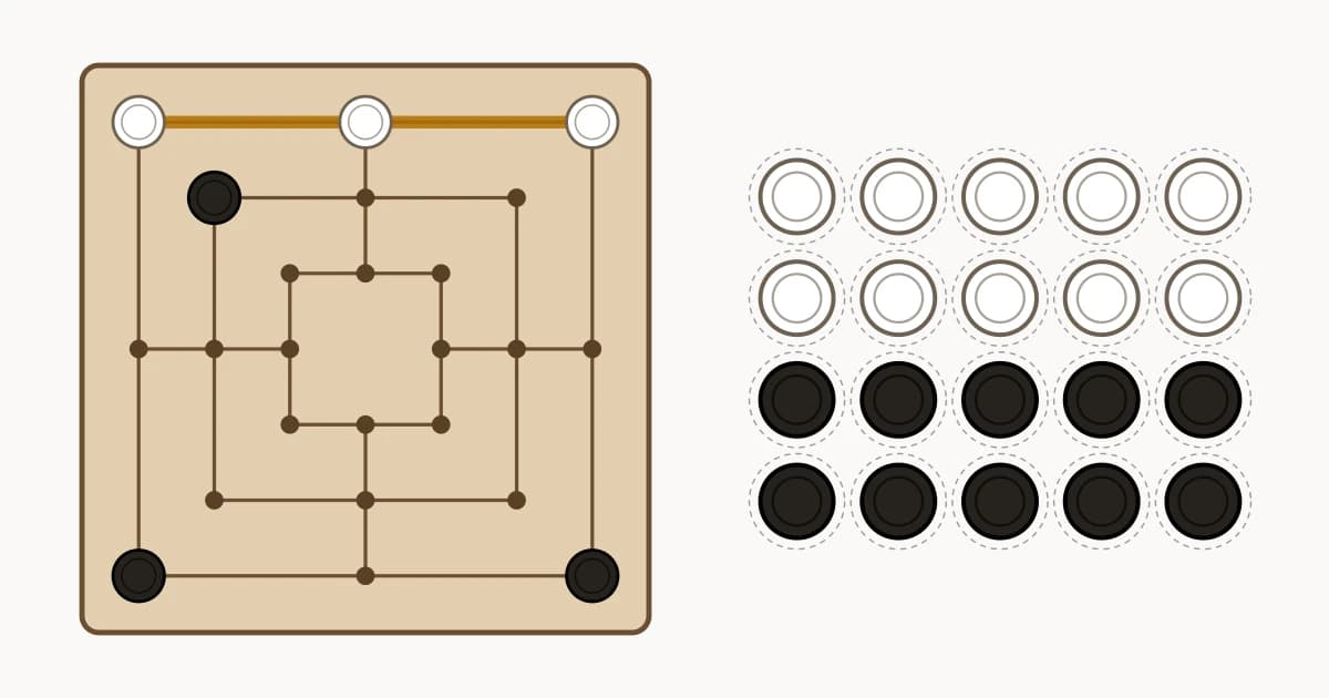 Printable Nine Men's Morris set in the carved wood style: the board of three squares with a white mill closed along the top edge, beside a sheet of nine white and nine black men on dashed cutting lines