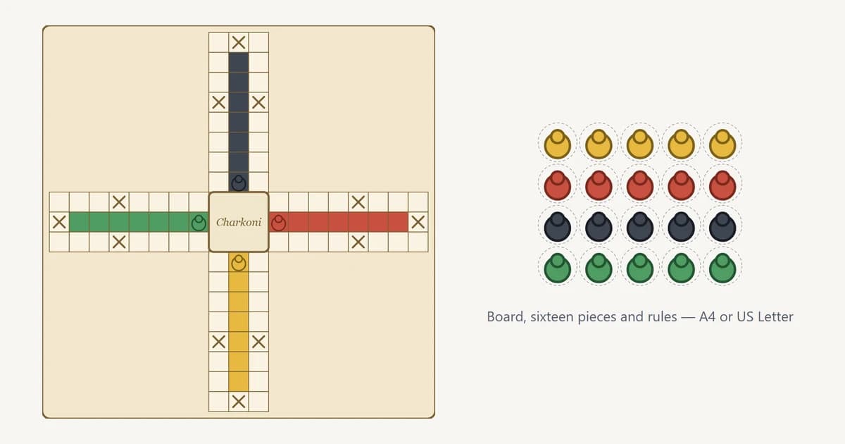 Printable Pachisi set on embroidered cloth colours: a cross of four arms with twelve castle squares marked by crosses and the Charkoni in the middle, beside a sheet of pieces on dashed cutting lines