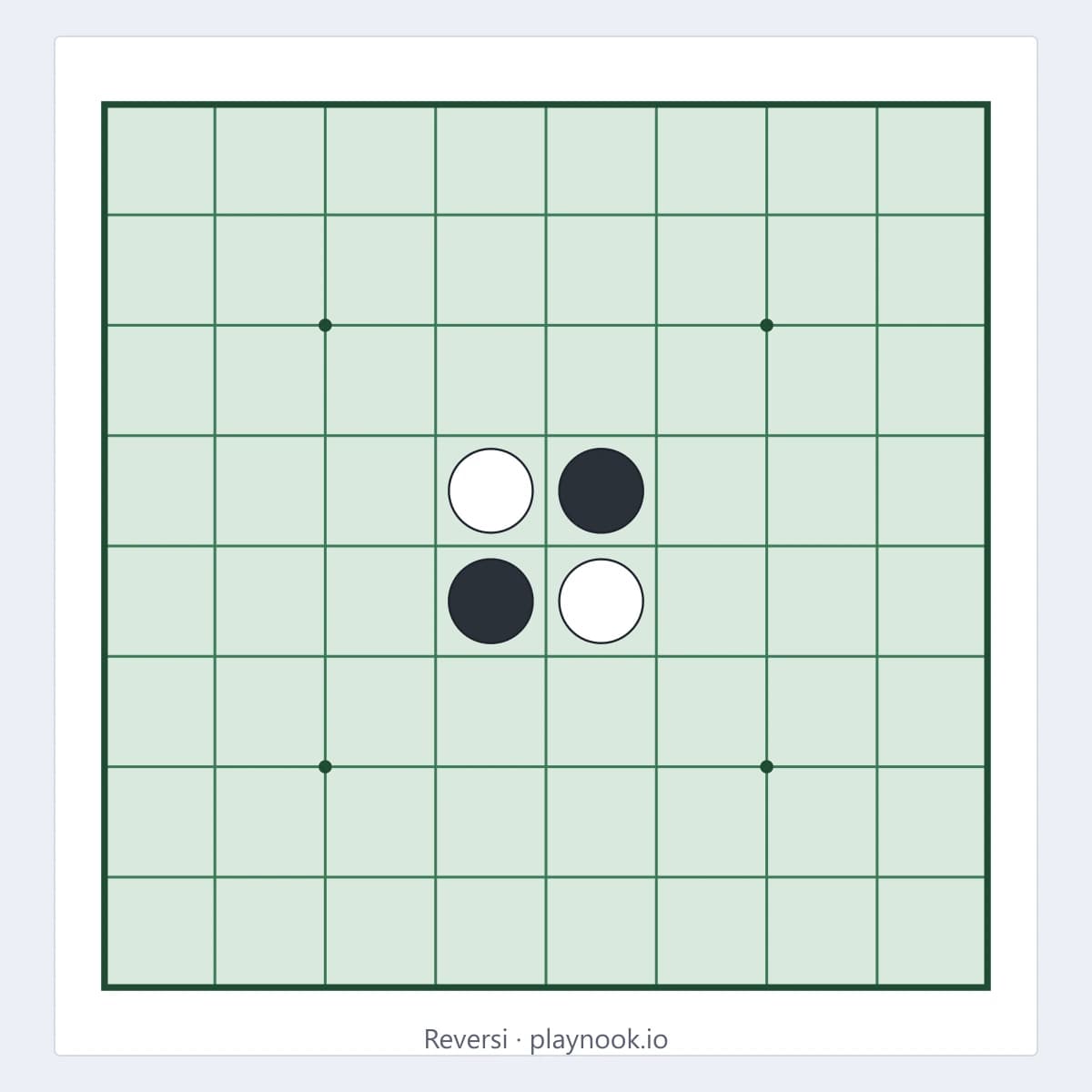 Printable Reversi board with the four starting discs in the centre, in print-friendly colours