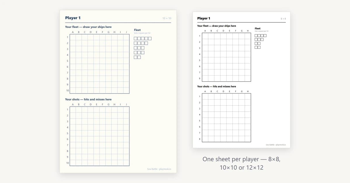 A printable sea battle sheet: two lettered and numbered grids stacked above each other with a fleet checklist beside the upper one