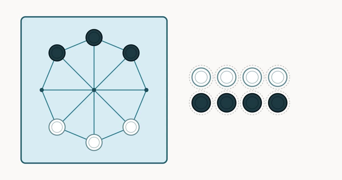 Printable Shisima set in the still water style: an octagon of eight points with spokes running to a centre point, three dark men on one side and three light men opposite, beside a sheet of men on dashed cutting lines