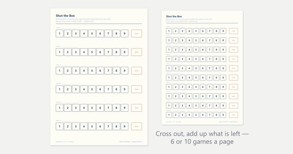 Two printable Shut the Box sheets side by side, each game a row of numbered boxes from 1 to 9 with a score box at the end — six games on one page and ten on the other