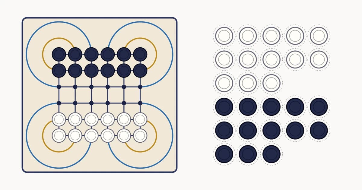 Printable Surakarta set in the batik indigo style: a six by six grid of points with eight curved loops at the corners, gold for the small circuit and blue for the large, set up with twelve men on each side, beside a sheet of men on dashed cutting lines