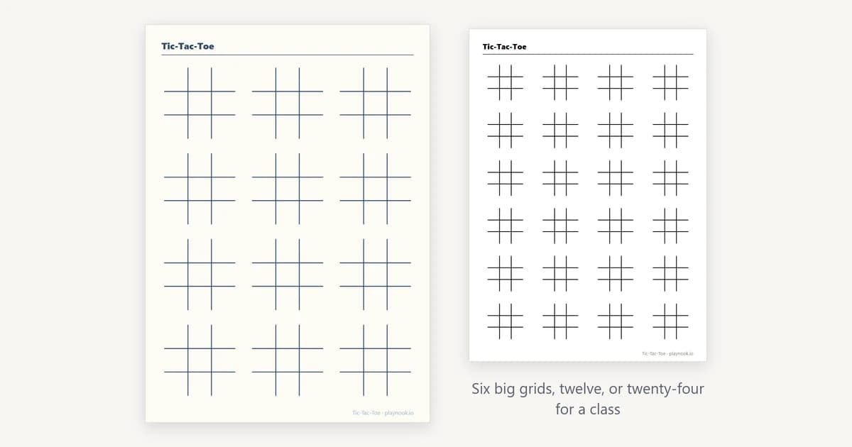 A printable sheet of tic-tac-toe grids arranged in neat rows, drawn as four crossing lines each without an outer border