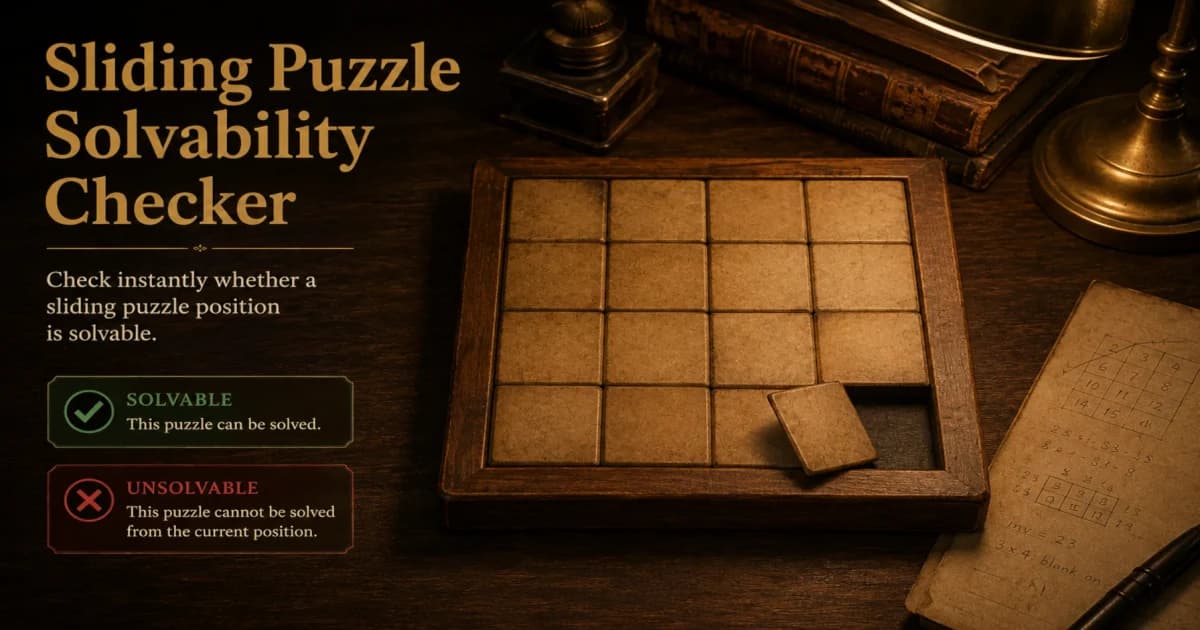 A wooden sliding puzzle on a desk beside two badges reading solvable and unsolvable, and a notepad with an inversion count worked out
